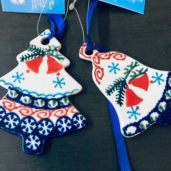 Boleslawiec 2-pc Polish Christmas Tree & Bell Ornaments Set - Picture 2 of 2